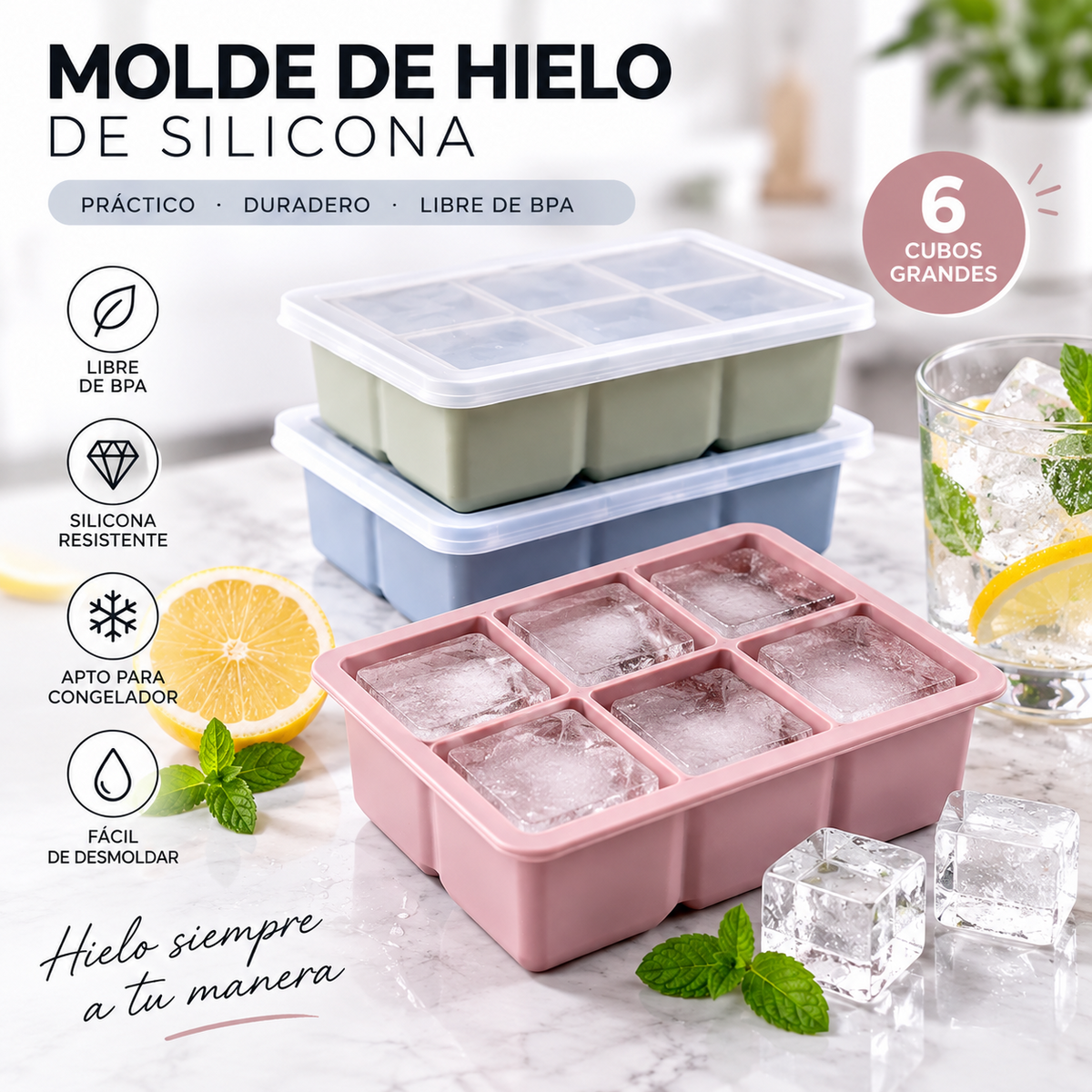🧊 Molde de Silicona para Hielo XL – 6 Cubos